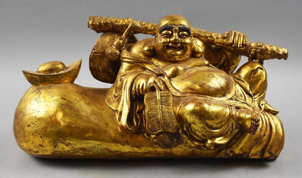 Vintage Chinese Hand Carved Gold Gilt Laughing Buddha (1 of 6)