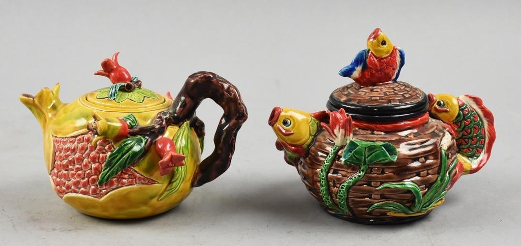 Chinese Wucai Porcelain Koi & Flower Teapots Marked (1 of 8)