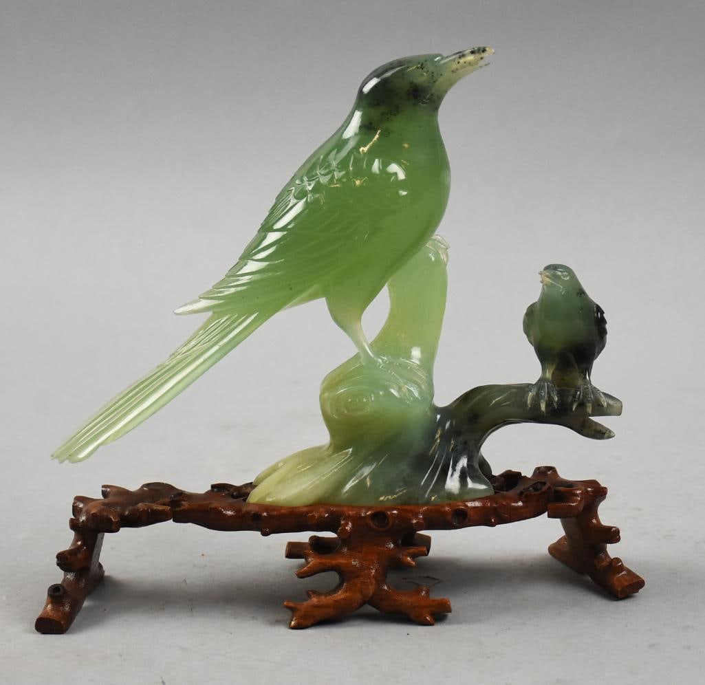 Chinese Jade Hand Carved Sparrows w/ Stand (1 of 5)