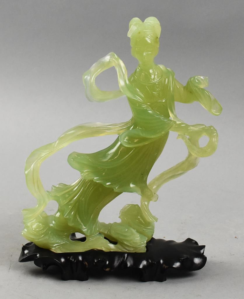 Vintage Chinese Carved Jade Maiden w/ Stand: This lovely maiden is of Chinese origin. She is jade and comes with her own custom lacquer stand and is approx. 9" tall.