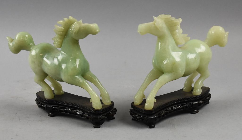 Pair Vintage Chinese Carved Jade Horses on Stands (1 of 6)