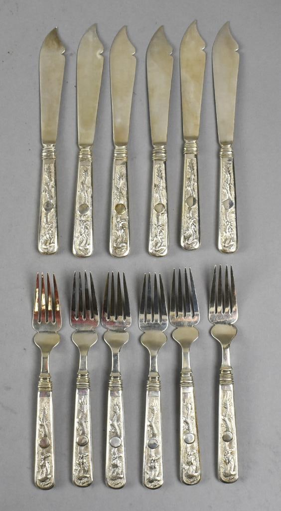 Vintage Chinese Sterling Dragon Handle Fish Set (1 of 10)