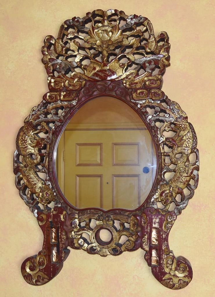 Antique Chinese Red Lacquer Mirror, Gold Gilt (1 of 20)