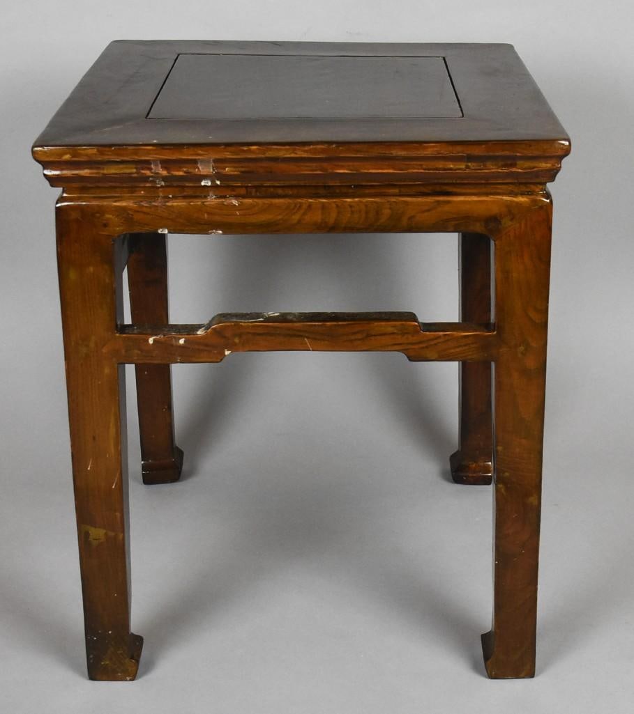 Vintage Chinese Hard Wood Accent Table: Darling accent table in Chinese hard wood. Simple smooth top with carved lines, stretchers with subtle carved arches, straight legs and block feet. Measures approx. 20" tall x 17" x 17".
