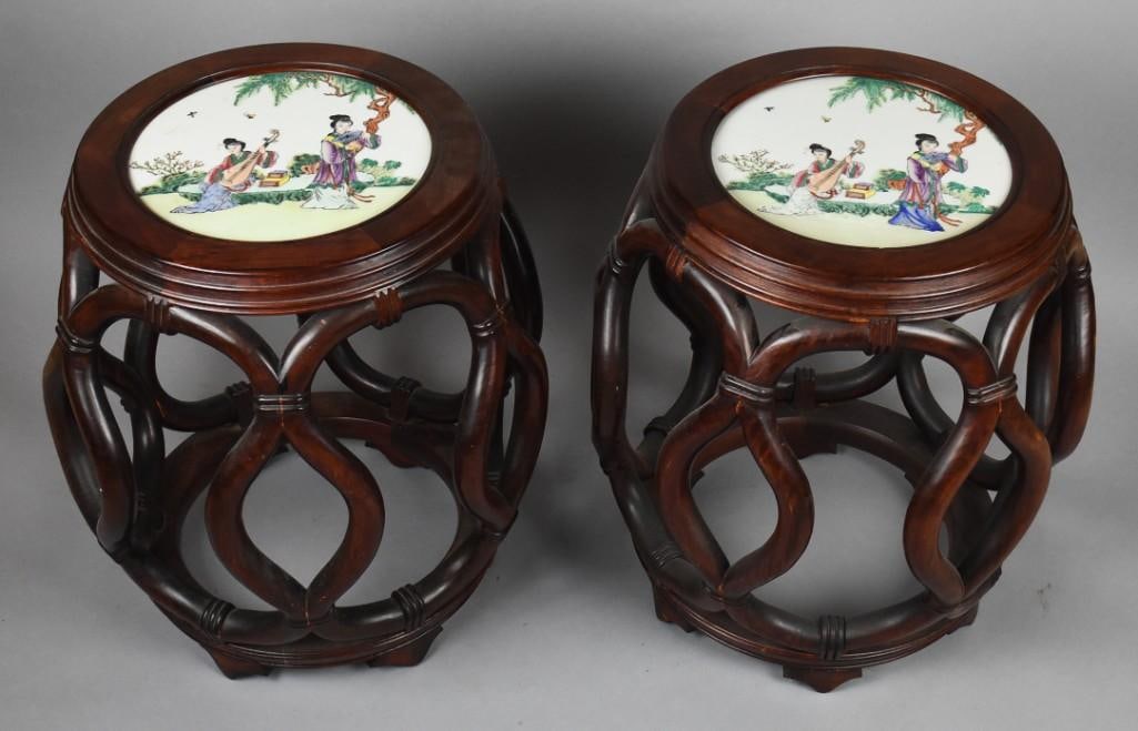 J.L. George Attrib. Chinese Rosewood Tables, Porcelain Inserts (1 of 11)