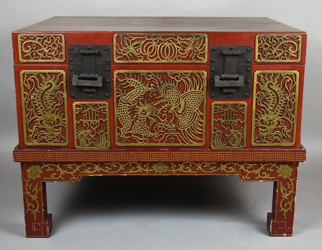19th C Chinese Export Red Lacquer & Gold Trunk w/ Stand (1 of 15)