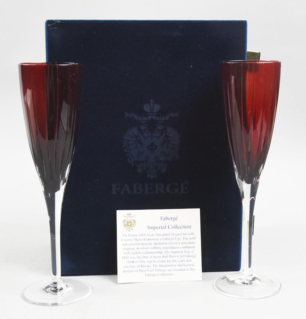 Faberge Rouge d'Orient Crystal Wine Glasses, Orig Box: Beautiful set of Faberge Rouge d'Orient crystal wine glasses. Rich ruby with clear stem. Comes in the original satin lined box.This pattern was introduced and discontinued in 2009.
