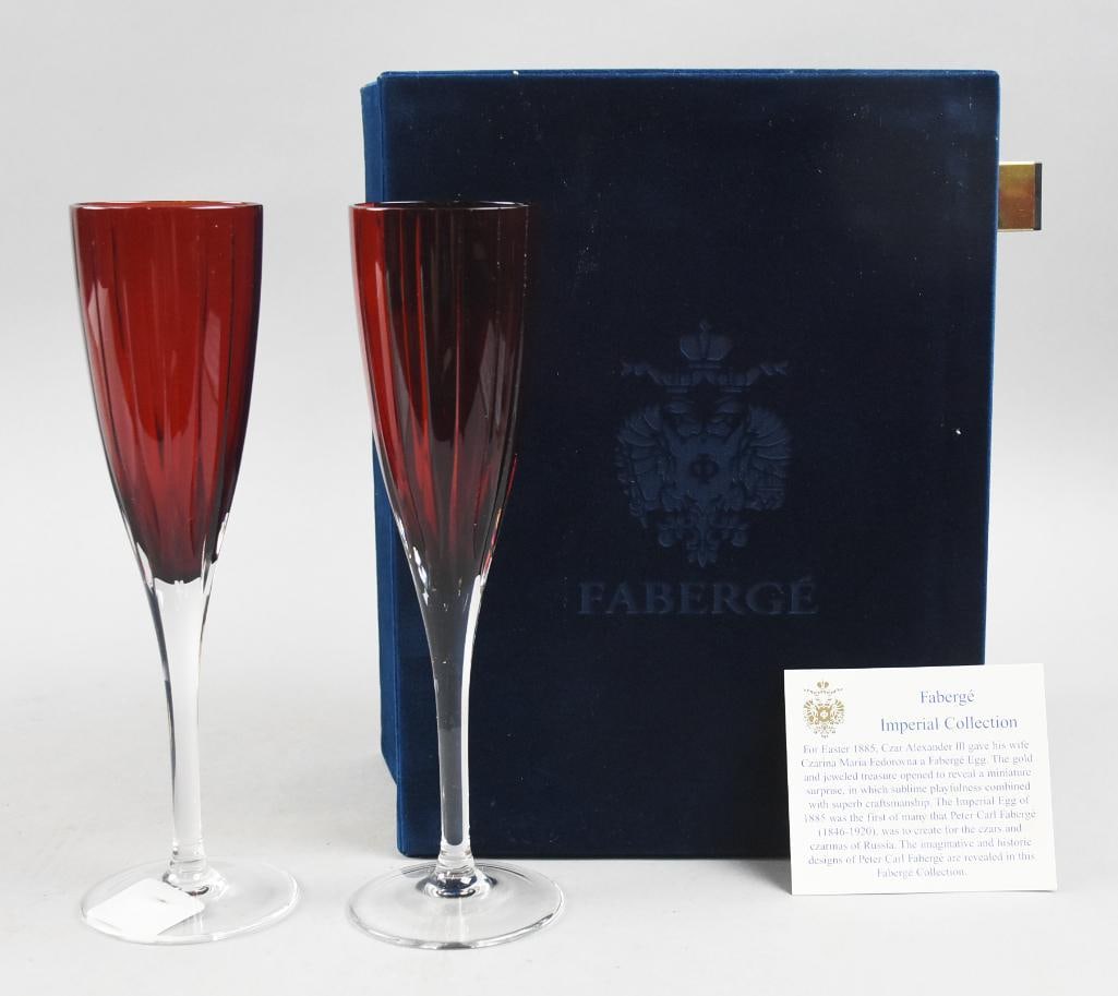 Faberge Rouge d'Orient Crystal Wine Glasses, Orig Box: Beautiful set of Faberge Rouge d'Orient crystal wine glasses. Rich ruby with clear stem. Comes in the original satin lined box.This pattern was introduced and discontinued in 2009.