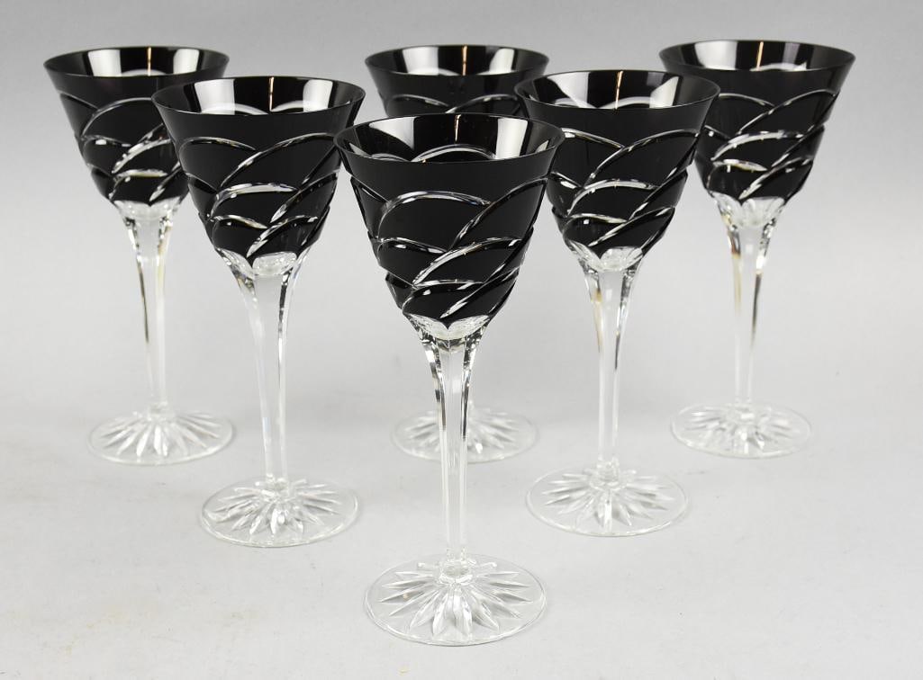 (6) Hungarian Ajka Crystal Cut to Clear Wine Glasses: Beautiful Ajka Crystal, made in Hungary. Each stem is black, cut to clear. Each is marked on the bottom and stands approx. 8" tall.