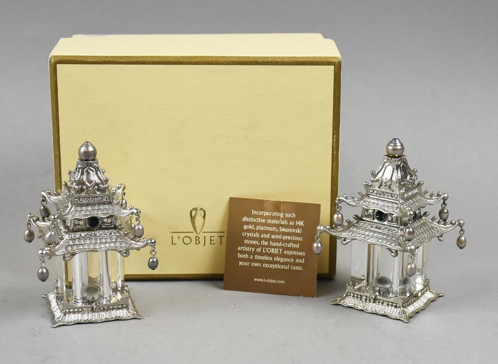 L'Objet Pagoda Salt & Pepper Shakers, Silver, Orig. Box: This darling set of salt and pepper shakers are L'Objet and purchased from Gumps. They are silver plate with freshwater pearls and Swarovski crystals in the form of pagodas. They come in their origina