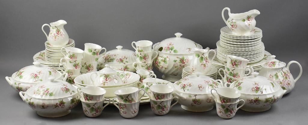 (118) c1980 Wedgwood Apple Blossom Dinner Service: Just in time for the upcoming holidays is this stunning set of Wedgwood china in the Apple Blossom pattern that ran from 1983-1987. This bone china is expertly decorated with pink apple blossoms with 
