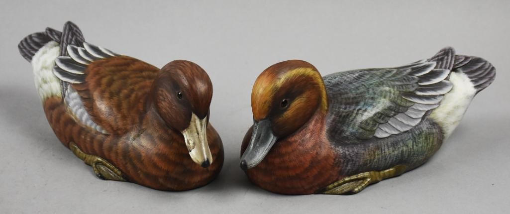 Flying Arts Co. American Wigeon Duck Decoys: Nice looking carved wood duck decoys from Flying Arts Co. Each is an American Wigeon, male and female. Both approx. 9" long