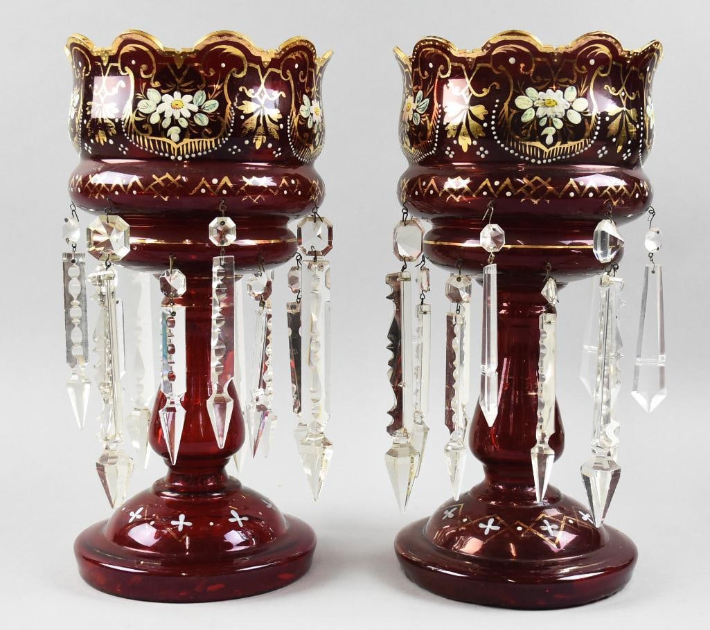 Victorian Antique Ruby Glass & Enamel Lusters w/ Crystal (1 of 6)
