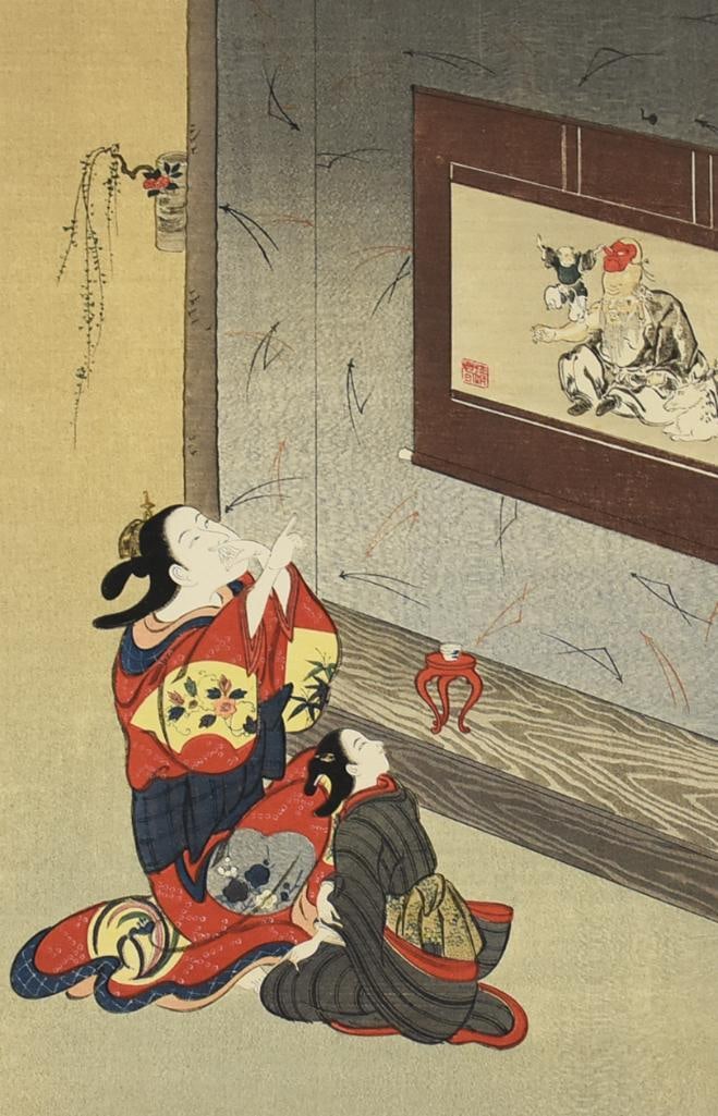 Kiyoharu Kondo/Sukegoro (c1700-?) c1725 Woodblock Print: This is a very nice piece from painter and woodblock artist Kiyoharu Kondo AKA Sukegoro. It is called Girls Pointing to Painter, believed to have been published c1725. Comes as shown with the protecti