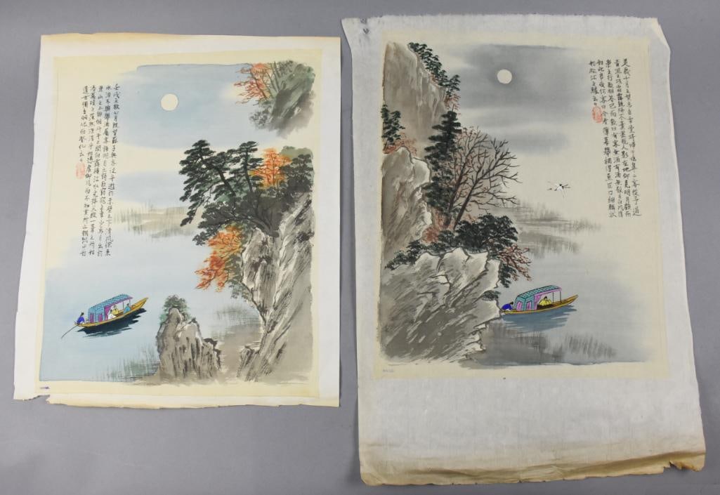 Japanese Woodblock on Hand Made Paper: 17" x 24" and 17" x 20". The translation provided by Google is as follows: (The larger piece)?October of this year, I walked from the snow hall to take my wife to Lingao. The three guests passed by th