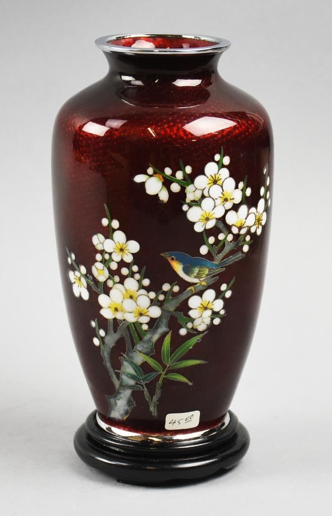 Vintage Japanese Fine Arts Burgundy Enamel Vase (1 of 5)