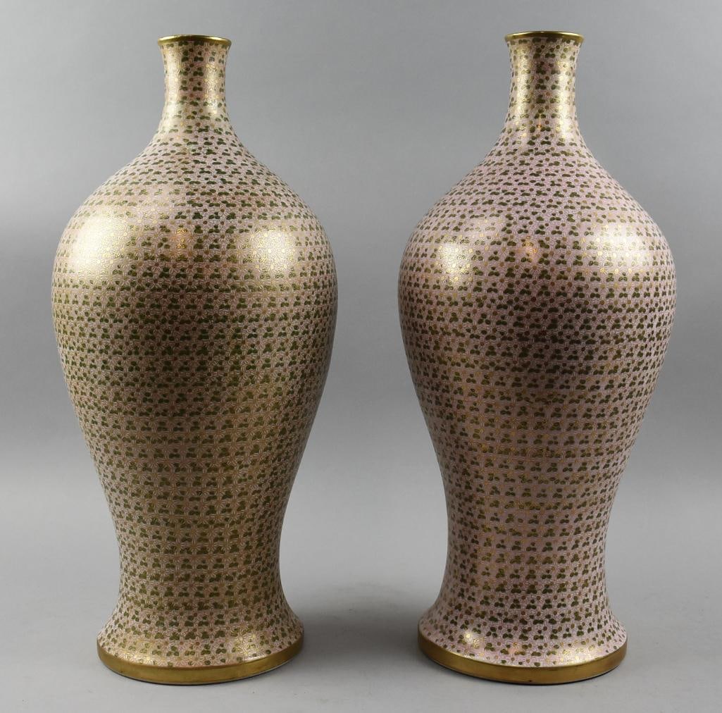 Pre WWII Ryusho Kutani Japanese Porcelain Vases, 22" T: A great two vase of gorgeous Japanese vases. They are porcelain with mauve-ish pink glaze with hand painted daisy style flowers and leaves in gold with leaves? having green glaze. The mark on bottom a