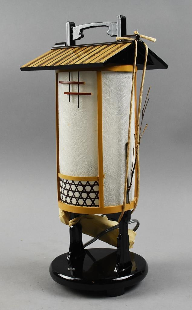Vintage Japanese Imperial Imports Lamp-Original Box-NOS: This is a very nice and fun lamp from Japan. Original label on bottom is from Imperial Imports. This electric lamp is in the form of a home, wood frame with what appears to be rice paper. Stands appro