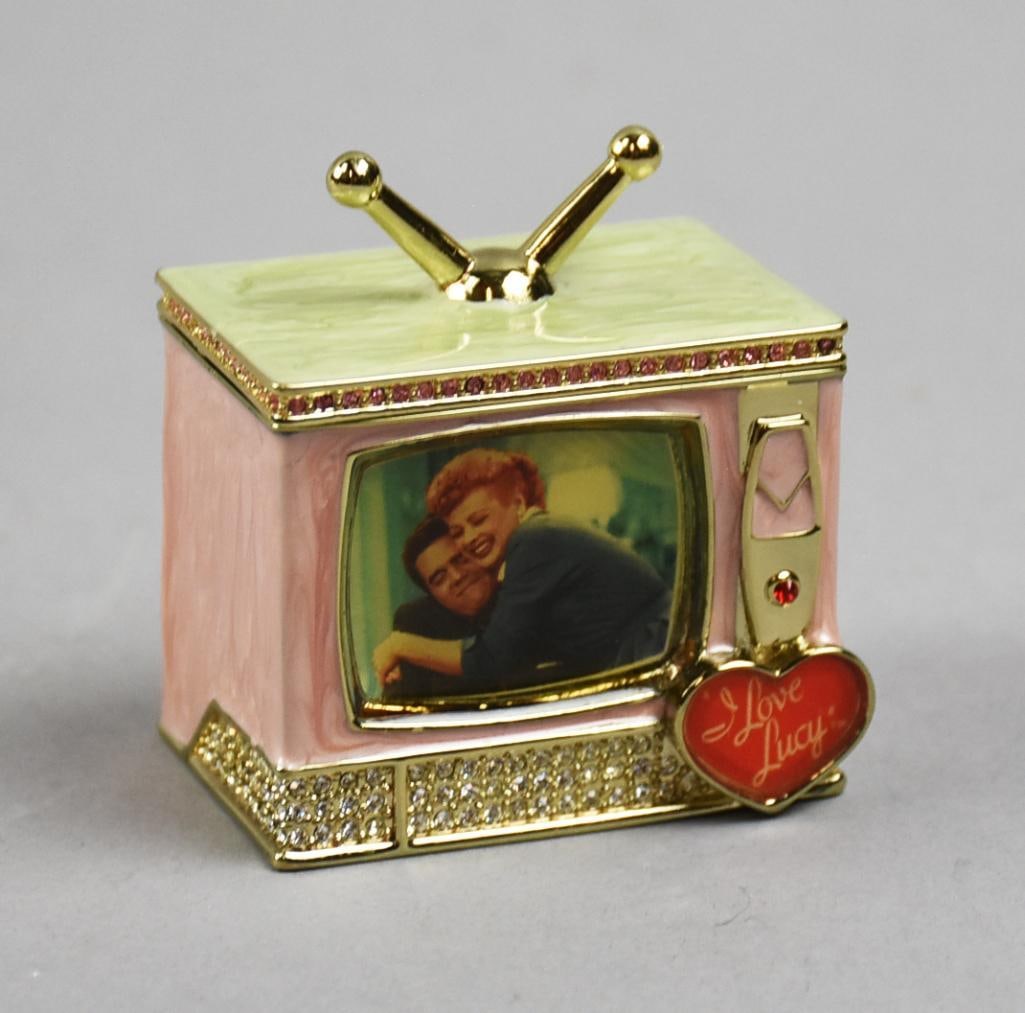 Vandor Lucy Ltd. Ed Swarovski Jeweled Box-COA--Orig Box: Wonderful I Love Lucy jewel box is a limited edition from Vandor. Shaped like a TV and adorned with Swarovski crystals. Comes in the original box. COA indicates it is 337/700.. Measures approx. 2" x 3