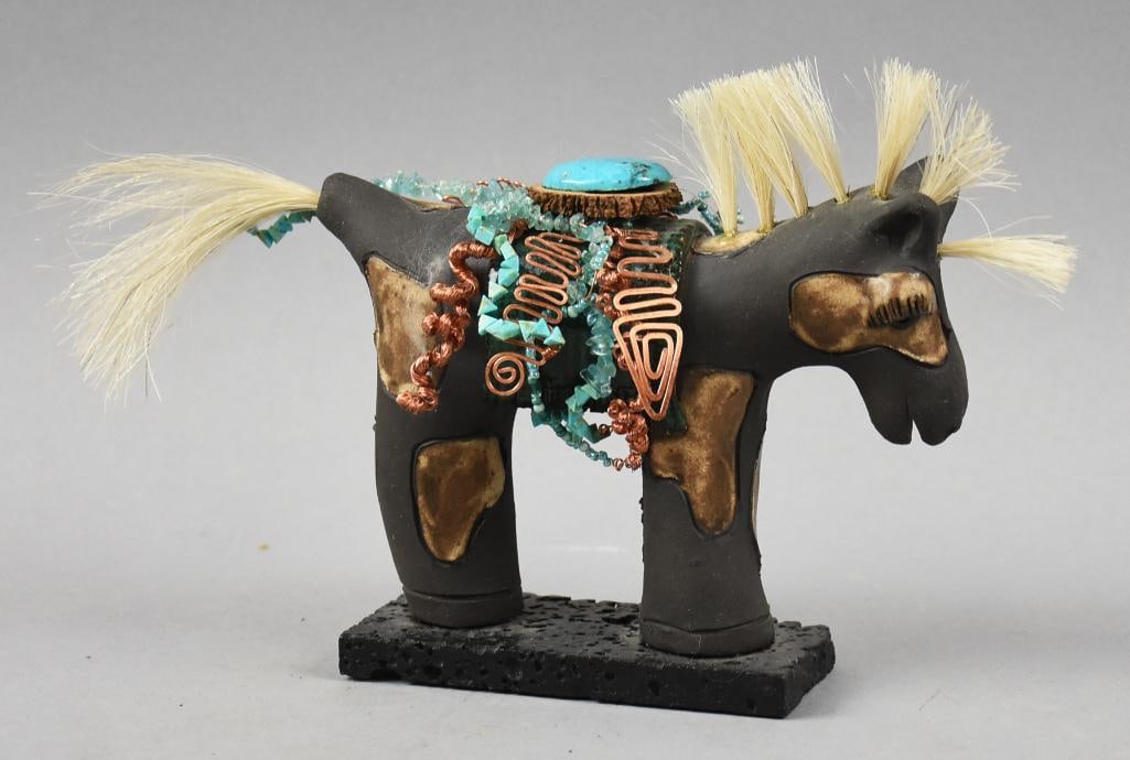 Vintage Mexican Clay Raku Spirit Horse-Copper/Turquoise: This is a wonderful horse of Mexican origin. It is a Raku Spirit Horse of clay with copper and turquoise with what appears to be a real horse hair mane and tail. Fun details making the horse have spot