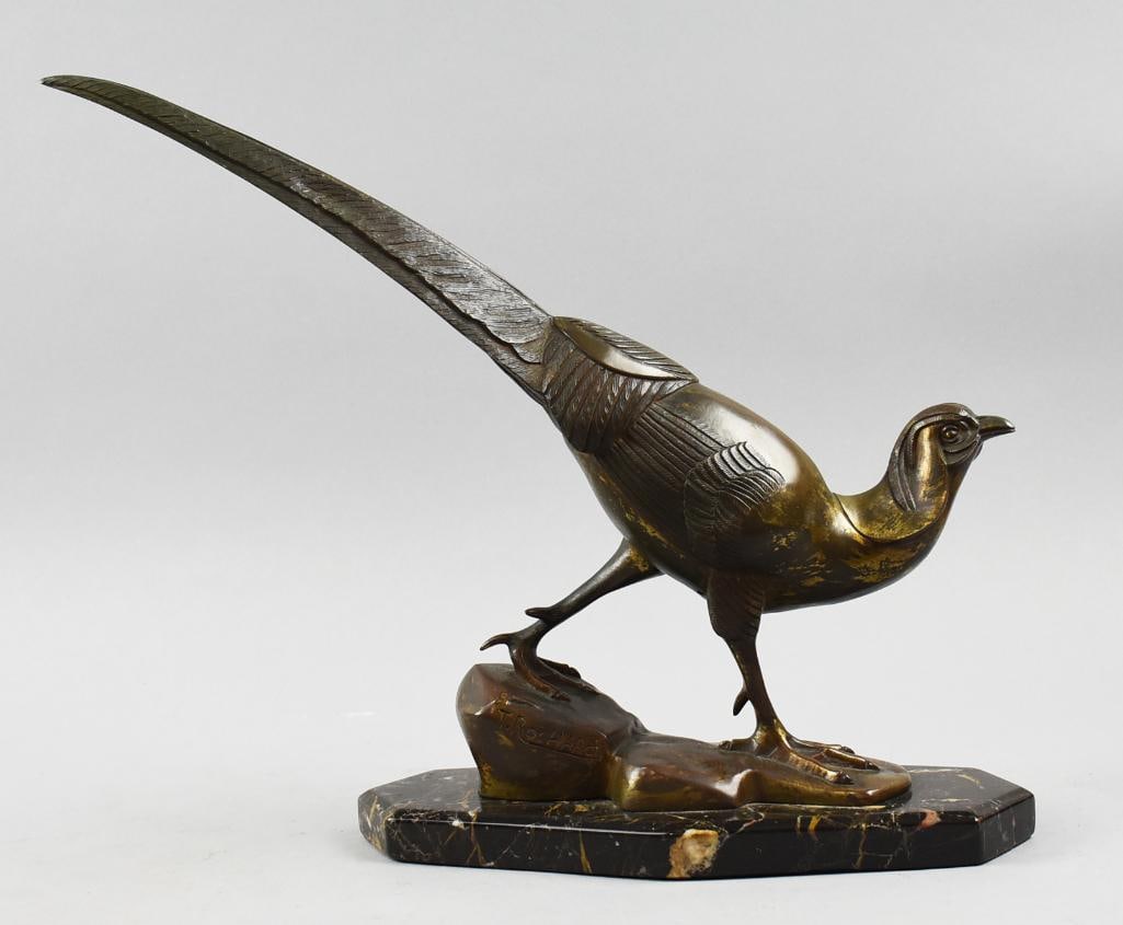 Irenee Rochard (1821-1906) Bronze Pheasant Scupture: Beautiful vintage pheasant from after French sculpture artist Irenee Rochard (1821-1906). Appears bronze and mounted to a marble base. Marked on bottom near bird's foot. Measures approx.?13" tall x 15