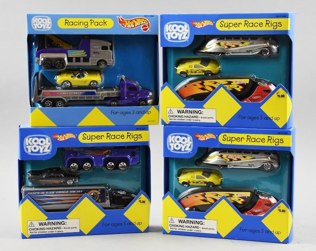 (4) Mattel Hot Kool Toys Racing Sets, Mint in Boxes-NOS: (4) Mattel Hot Kool Toys Racing Pack and Three Super Racing Rigs, Mint in Boxes-NOS. From the home of the largest toy collector on the west coast.