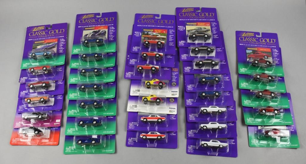 Johnny Lightning Classic Gold Die Cast Cars-Carded-NOS: Lot is 33 Johnny Lightning Classic Gold Die Cast Cars-Carded-NOS. All are replicas of History's Greatest Classic cars. From the home of the largest toy collector on the west coast.