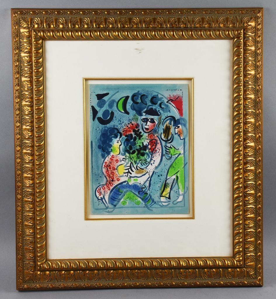 Marc Chagall (1887-1985) Floral Tribute Framed Litho: Very cool Marc Chagall (1887-1985) lithograph and is known as Floral Tribute. It is beautifully framed, gold gilt, with matte. Measures 24" x 27". No visible signature, unsure if signed. Beautiful pie