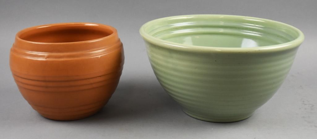 Vintage Bauer No. 9 Bowl & Pacific Orange Planter: Great pieces of California pottery includes a No. 9 Bauer ringware bowl in green gray and a Pacific planter in a matte orange. Both pieces nicely marked, measuring 6" tall x 11" and 6" tall x 8".