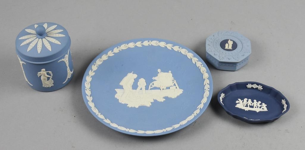 Wedgwood Jasperware Display Pieces, Original Boxes: Nice selection for display of Wedgwood. Three pieces come in their original boxes. One Portland Blue (dark) tray, jasper (pale) Apollo box and plate. The last piece is Dancing Hours jar with lid with