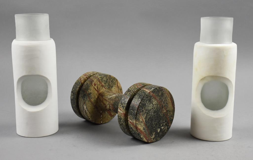 Tom Dixon (b1959) Rock Weight Pair Vases-Original Boxes: These cool pieces were created by artist Tom Dixon and come in their original boxes. Lot is a pair of carved white vases and a rock weight in the form of a barbell. 9" tall