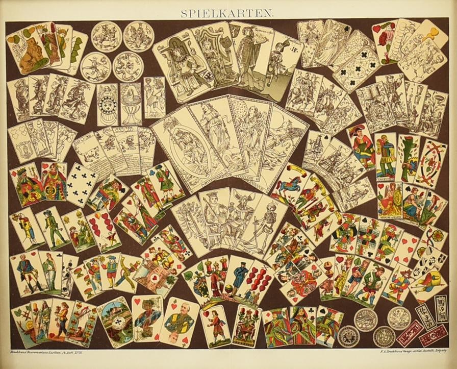 c1890 German Chromolithograph Playing Cards, Framed: This beautiful piece is a chromolithograph of German origin. Wide variety of various playing card decks with lovely colors and nice graphics. The title is Spielkarten?and was originally published by F