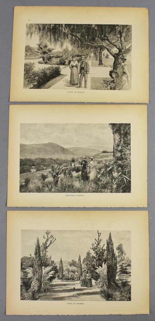1891 Charles D. Warner (19th C) S California Engravings: These three engravings are all for southern California with two for the Pasadena area. The Midwinter Pasadena is a view of Arroyo Seco, one is Scene at Pasadena, women chatting on a tree lined walkway