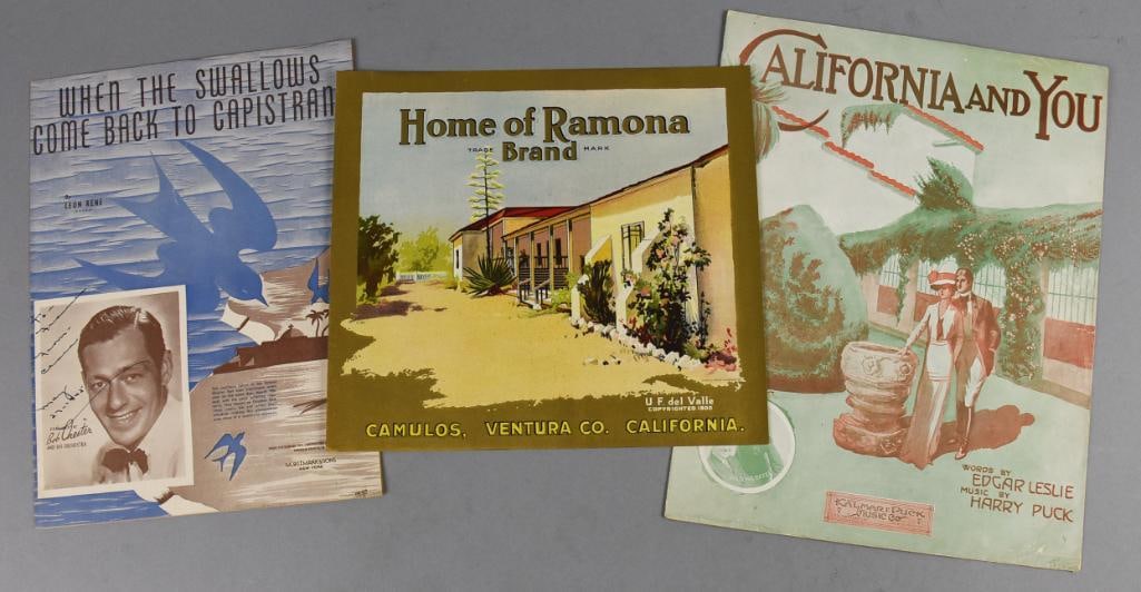 Vintage California Sheet Music, Ramona Crate Label: Nice California ephemera lot that includes two different sheet musics, one When the Swallows Come Back to San Juan Capistrano and one California and You. Includes a Home of Ramona Brand crate label