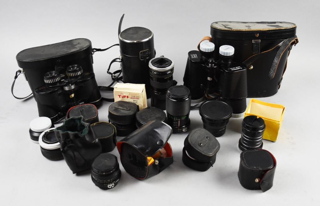Vintage Assortment Camera Lenses, Filters & Binoculars: Vintage Assortment Camera Lenses, Filters & Binoculars Nice assortment of vintage camera lenses for your old school cameras from JC Penney fish eye, Rokunar, Vivtar and more. Camera filters, some in o