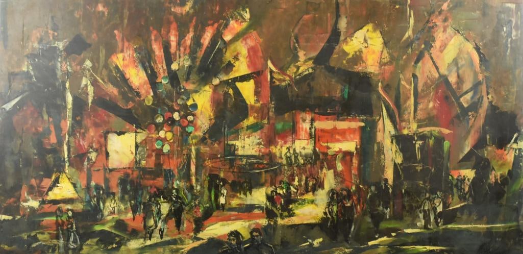 Ray Mathewson American Artist Mid Century: Beautiful oil on board painting from American contemporary artist Ray Mathewson. Wonderful impressionist piece is called "Carnival" hand written on the back and dated 1968. It is signed on lower right