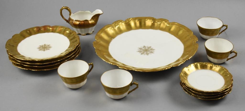 c1900 Limoges 18K Gold Encrusted Porcelain Pieces: These beautiful French Limoges porcelain are all c1900. They are marked with either the L. Straus & Sons, 1890-1920, Limoges coiffe mark, 1891-1914, or both. All 18K gold encrusted ornate rims, some w