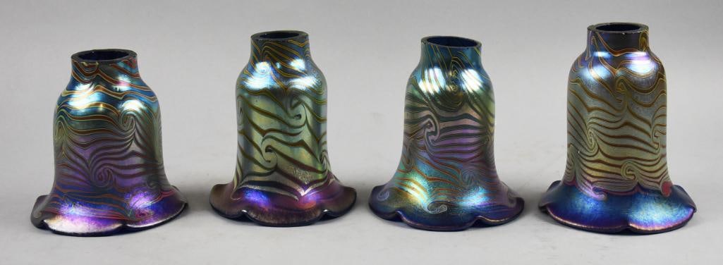 Loren Chapman Iridescent Pulled Glass Light Shades: This spectacular set of light shades are from art glass artist Loren Chapman. Rich iridescent cobalt with pulled accents lines throughout and ruffle trim. all approx. They are signed and measure appro