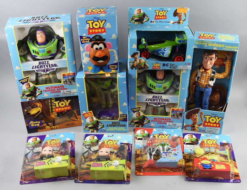 Thinkway Toys-Action Figures & Toys-Mint in Package-NOS: Thinkway Toys-Action Figures & Toys-Mint in Package-NOS. Lot includes a pair of Buzz Lightyear Ultimate Talking Action Figure, Buzz Lightyear Talking Bank, Slinky Dog, Mr. Potato Head, Free Wheeling B