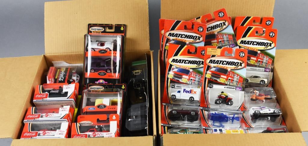 (86) 1998-2002 Matchbox Asst, Coca Cola Plus-Carded-NOS: Lot is 1998-2002 Matchbox Asst, Coca Cola Plus-Carded-NOS. Includes 68 assorted, seven Then and Now 2 packs, four 2002 Coca Cola in small boxes, three Coca Cola VW, two 2 pack Coca Cola VW and one of