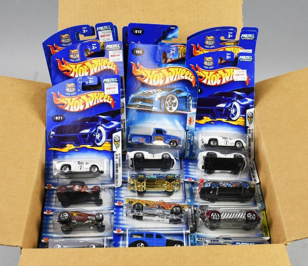 (119) 2001-03 Hot Wheels Basic Blue Card Asmt-Mint-NOS: Lot is 119 2001-03 Hot Wheels Basic Blue Card Assortment-Mint-NOS. Appear to be race cars and customs as well as some First Editions. From the home of the largest toy collector on the west coast.
