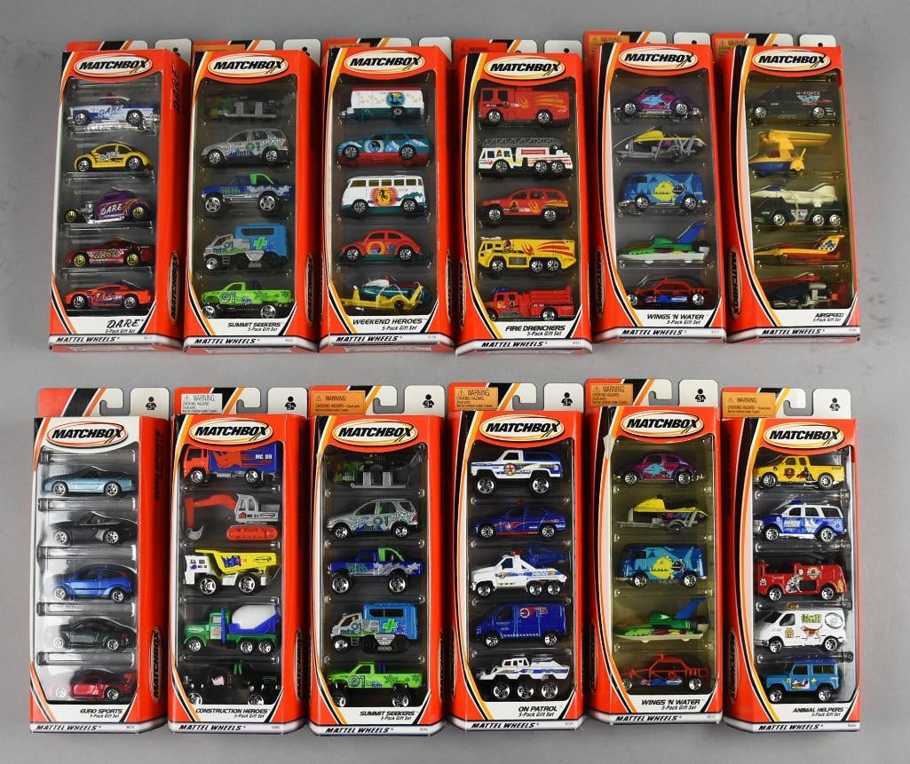 12 Matchbox 5 Car Gift Packs-Orig Shipping Box-NOS: 12 different Matchbox 5 Car Gift Packs-Original Shipping Box-NOS. D.A.R.E., Euro Sports, Summit Seekers x 2, Construction Heroes, Fire Drenchers, On Patrol, Wings 'n Waters x 2, Air Speed, Animal Help