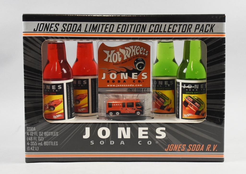 Hot Wheels Jones Soda Ltd Ed Collector Pack, MIB-NOS: Hot Wheels Jones Soda Ltd Ed Collector Pack, MIB-NOS. Box contains four sodas with special Hot Wheels labels and a special edition RV. From the home of the largest toy collector on the west coast.