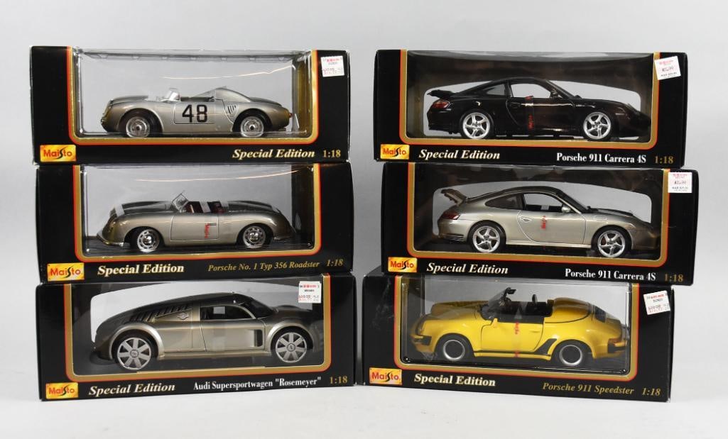 6 Maisto 1/18 Scale Die Cast-Mint in Box-NOS: Lot is six Maisto 1/18 Scale Die Cast-Mint in Box-NOS. Includes two Porsche 911 Carrera, Porsche 911 Speedster, Porsche Spyder 550A, Porsceh No.1 Type 356 Roadster and an Audi Supersportwagon. From th