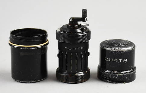 c1950 Curta Type I Calculator w/ Original Case: Really cool vintage Curta mechanical calculator by Curt Herzstark. This Type I model, No. 58862, fits in your pocket and allows you to add, subtract, multiply and divide wherever you are. Comes in the