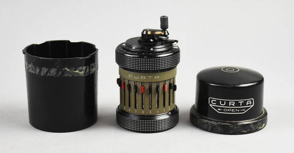 c1950 Curta Type II Calculator w/ Original Case: This is an awesome Curta mechanical calculator by Curt Herzstark. It is a Type II No. 561282 and comes in the original case. Slips in your pocket so you can add, subtract, multiply and divide wherever