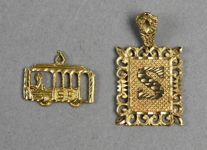 Delicate 14K MCM Yellow Gold Charms: Pretty pair of 14K yellow gold charms. Each is delicate with one being a San Francisco trolley car and one a faceted letter S. Overall approx weight of 4g. Great for a vintage charm bracelet or pendan