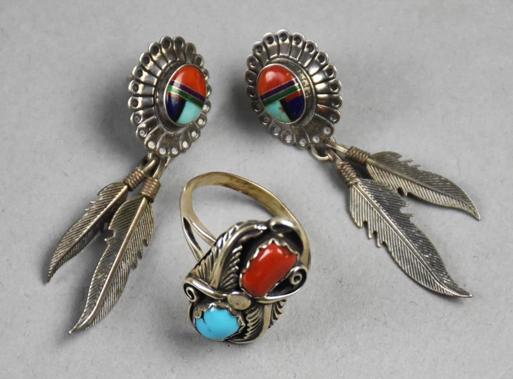 Vintage Native American Earrings & Ring, Signed Randall Endito (1 of 7)