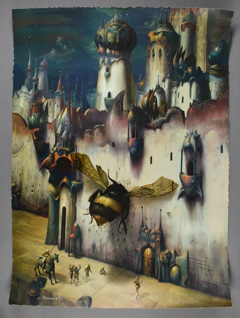 Gil Bruvel (b1959) Infinitesimal City, Ltd Ed 77/175 - COA: Cool piece of artwork from artist Gil Bruvel (b1959). It is called Infinitesimal City and shows a bumble bee smashing into a wall. It comes with a COA which notes that the edges were hand torn. Limite