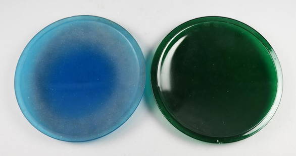 Vintage Pyrex Glass Blue and Green Railroad Lenses: Vintage green glass with chip and blue glass railroad lenses made by Pyrex. Each measures 12".
